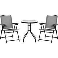 Outsunny 3 Piece Patio Furniture Bistro Set 2 Folding Chairs 1 Tempered Glass Table Adjustable Backrest - Grey