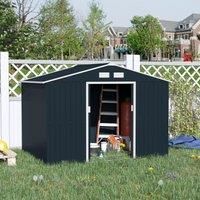 Outsunny 9 x 6FT Outdoor Garden Roofed Metal Storage Shed Tool Box with Foundation Ventilation & Doors, Dark Grey