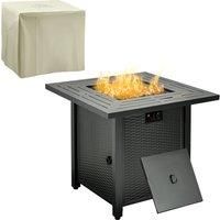 Outsunny Square Propane Gas Fire Pit Table, 40000 BTU Rattan Smokeless Firepit Patio Heater w/ Protective Cover, Lava Rocks and Lid, 71x71x62cm, Black