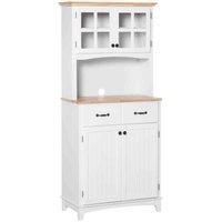 HOMCOM Freestanding Kitchen Cupboard, Kitchen Storage Cabinet with Framed Glass Doors, 2 Drawers, Microwave Counter, White