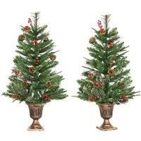 HOMCOM 2 Pieces Set 3 Foot Artificial Christmas Tree with 110 Realistic Branches, Pine Cones, Red Berries, Gold Pot, for Doorway, Porch, Green