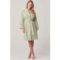 Crisp Cotton Mid-Legth Dressing Gown - Field Green Gingham