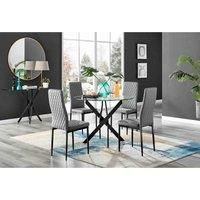 Furniture Box Novara Black Leg Round Glass Dining Table and 4 Grey Milan Black Leg Chairs