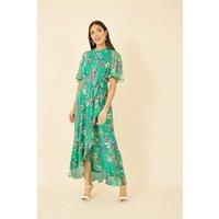 Green Floral And Bird Print Frill Dress