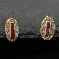 Pre-Owned 9ct Yellow Gold Ruby & Diamond Elongated Oval Stud Earrings 41171309