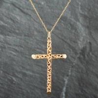 Pre-Owned 9ct Yellow Gold Patterned Open Work Cross Pendant & 18 Inch Curb Chain 41141534