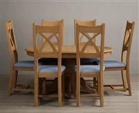 Extending Hertford 100cm - 130cm Solid Oak Pedestal Dining Table With 4 Blue X Back Chairs