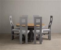 Extending Hertford 100cm - 130cm Oak and Light Grey Painted Pedestal Dining Table with 4 Light Grey Chairs