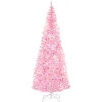 HOMCOM 7' Tall Prelit Pencil Slim Artificial Christmas Tree with Realistic Branches, 350 Warm White LED Lights and 818 Tips, Xmas Decoration, Pink