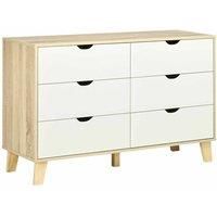 HOMCOM Wide Chest of Drawers, 6-Drawer Storage Organiser Unit with Wood Legs for Bedroom, Living Room, White and Light Brown