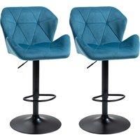 HOMCOM Bar Stools Set Of 2 Luxurious Velvet-Touch Barstools w/ Metal Frame Footrest Round Base Triangle Indenting Moulded Seat Adjustable Height Blue