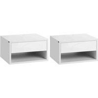 HOMCOM 2 Pieces Bedside Table Wall Mounted Nightstand with Drawer and Shelf for Bedroom, 37 x 32 x 21cm, High Gloss White