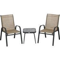 Outsunny 3 Pieces Outdoot Bistro Set, Patio Stackable Armchairs with Breathable Mesh Fabric and PSC Board Coffee Table, Brown