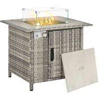 Outsunny Outdoor PE Rattan Gas Fire Pit Table, Patio Square Propane Heater with Rain Cover, Glass Windscreen, and Lava Stone, 50,000 BTU, Grey