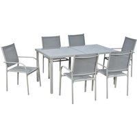 Outsunny 7 Piece Garden Dining Set, Outdoor Table and 6 Stackable Chairs, Steel Frame, Tempered Glass Top Table, Mesh Seats, Grey