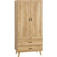 HOMCOM 2 Door Wardrobe with 2 Drawers, Hanging Rail, Anti-tipping Design for Bedroom Clothes Storage Organiser, Natural