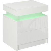 HOMCOM White Bedside Table with LED Light, High Gloss Front Nightstand with 2 Drawers, for Living Room, Bedroom