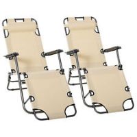 Outsunny 2 PCs Foldable Sun Loungers w/ Adjustable Back and Pillow, Beige