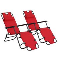 Outsunny 2 PCs Foldable Sun Loungers w/ Adjustable Back and Pillow, Red