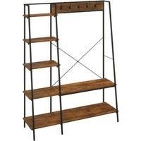 HOMCOM Hallway Unit, Free Standing Hall Tree w/ 2 Tier Shoe Rack, 5 Hooks, 5 Side Shelves & Steel Frame, Industrial Design, Brown, 117 x 38 x 169cm