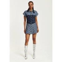 Two Tone Denim Star Print Short Sleeve Skater Dress