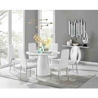 PALAMA White High Gloss Round Pedestal Table & 6 Faux Leather Milan Chairs