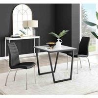 Furniture Box Carson White Marble Effect Square Dining Table and 2 Black Isco Chairs