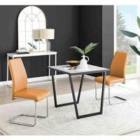 Furniture Box Carson White Marble Effect Square Dining Table and 2 Mustard Lorenzo Chairs