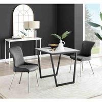 Furniture Box Carson White Marble Effect Square Dining Table and 2 Dark Grey Nora Silver Leg Chairs