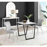 Furniture Box Carson White Marble Effect Square Dining Table and 2 Light Grey Nora Silver Leg Chairs