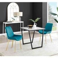 Furniture Box Carson White Marble Effect Square Dining Table and 2 Blue Pesaro Gold Leg Chairs