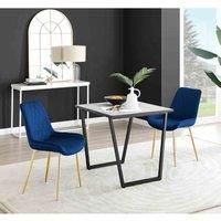 Furniture Box Carson White Marble Effect Square Dining Table and 2 Navy Pesaro Gold Leg Chairs