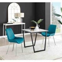 Furniture Box Carson White Marble Effect Square Dining Table and 2 Blue Pesaro Silver Chairs