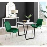 Furniture Box Carson White Marble Effect Square Dining Table and 2 Green Pesaro Silver Chairs