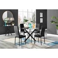 Novara Black Leg Round Glass Dining Table & 4 Velvet Milan Black Leg Chairs