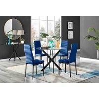 Novara Black Leg Round Glass Dining Table & 4 Velvet Milan Black Leg Chairs