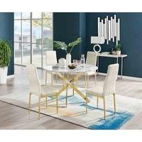 Furniture Box Novara White Marble Gold Leg 120Cm Round Dining Table and 4 Cream Velvet Milan Gold Leg Chairs