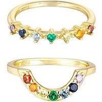 The Love Silver Collection 18Ct Gold Plated Sterling Silver Set Of 2 Rainbow Cz Rings