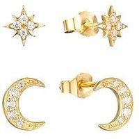 Love Gold 9Ct Gold Set Of Two Star And Moon Stud Stacking Earrings