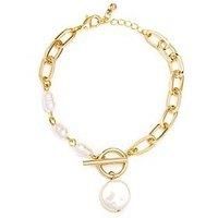 The Love Silver Collection Gold Plated Baroque Pearl T-Bar Link Bracelet