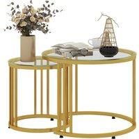 HOMCOM Round Coffee Tables Set of 2, Nesting Tables with Tempered Glass Top and Steel Frame, 60cmx60cmx47cm, Gold Tone