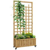 Outsunny Wooden Trellis Planter, Raised Garden Bed with Wheels and Bed Liner