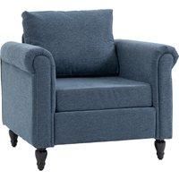 HOMCOM Vintage Accent Chair, Upholstered Occasional Chair with Back Pillow, Rolled Arms, Gourd-Shaped Rubber Wood Legs, Dark Blue