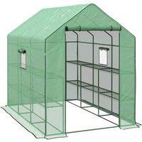 Outsunny Walk-in Greenhouse with 3 Tier Shelves, Outdoor Green House Garden Grow House with Reinforced PE Cover, Roll-up Door and Mesh Windows, 140 x 213 x 190cm, Green