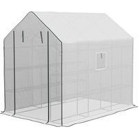 Outsunny Walk-in Greenhouse w/ 3 Tier Shelves, Green House Garden Grow House w/ Reinforced PE Cover, Roll-up Door & Mesh Windows, 140 x 213 x 190cm, White