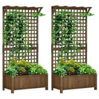 Outsunny 2 Pcs Wood Planter with Trellis for Climbing Vines Planter Box Brown