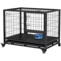 PawHut Heavy Duty Dog Crate on Wheels w/ Bowl Holder, Removable Tray, Detachable Top, Double Doors for L, XL Dogs