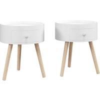 HOMCOM Modern Side Table, Small Coffee Table, Round Bedside Table with Drawer and Wood Legs for Living Room, Bedroom, Set of 2, White Aosom UK