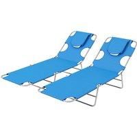 Outsunny Foldable Sun Lounger Set of 2 with Reading Hole, Portable Sun Lounger with 5 Level Adjustable Backrest, Reclining Lounge Chair with Side Pocket, Headrest Pillow, Blue