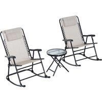 Outsunny 3 Piece Outdoor Rocking Set with 2 Folding Chairs and 1 Tempered Glass Table, Patio Bistro Set for Garden, Deck, Beige